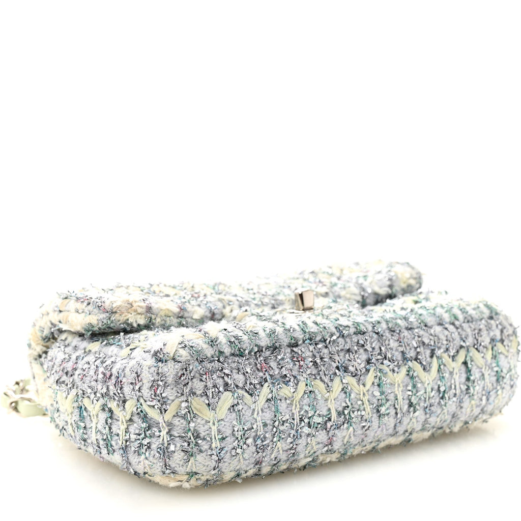 Tweed Quilted Mini Rectangular Flap Light Green Silver White