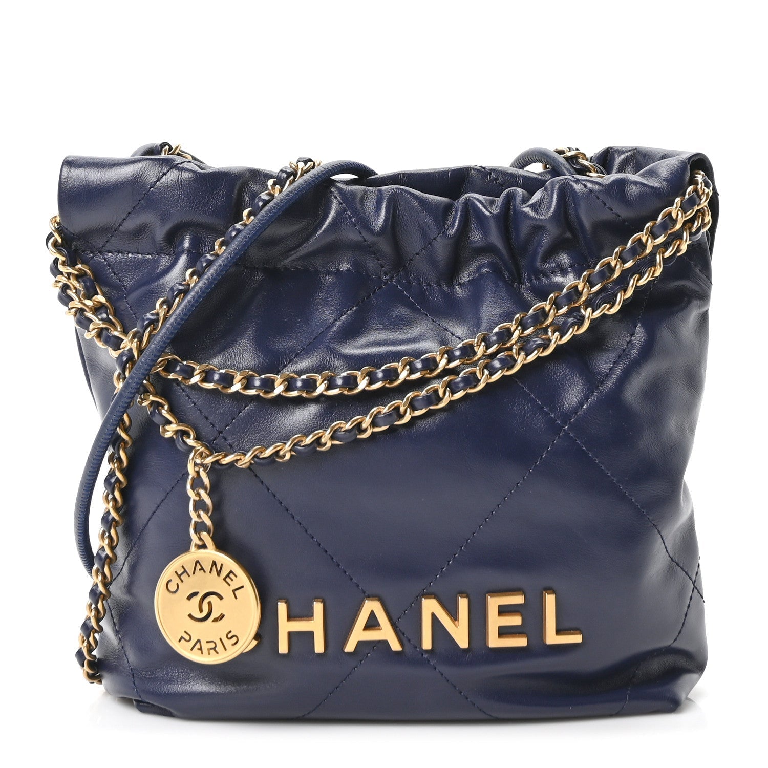 Shiny Calfskin Quilted Mini Chanel 22 Navy Blue