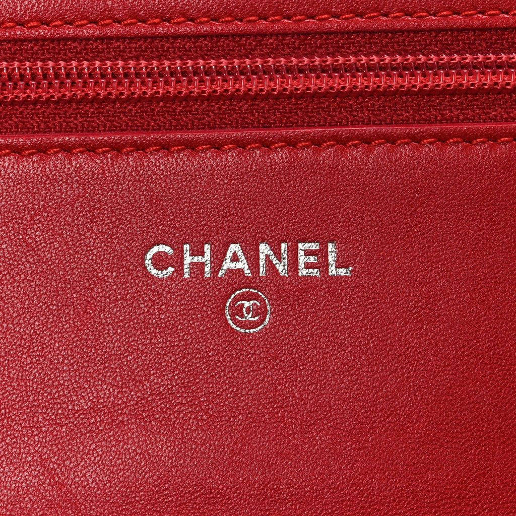 Lambskin Camellia Embossed Wallet on Chain WOC Red