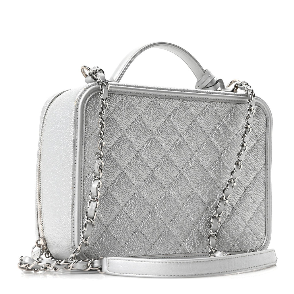 Metallic Caviar Quilted Large CC Filigree Vanity Case Silver