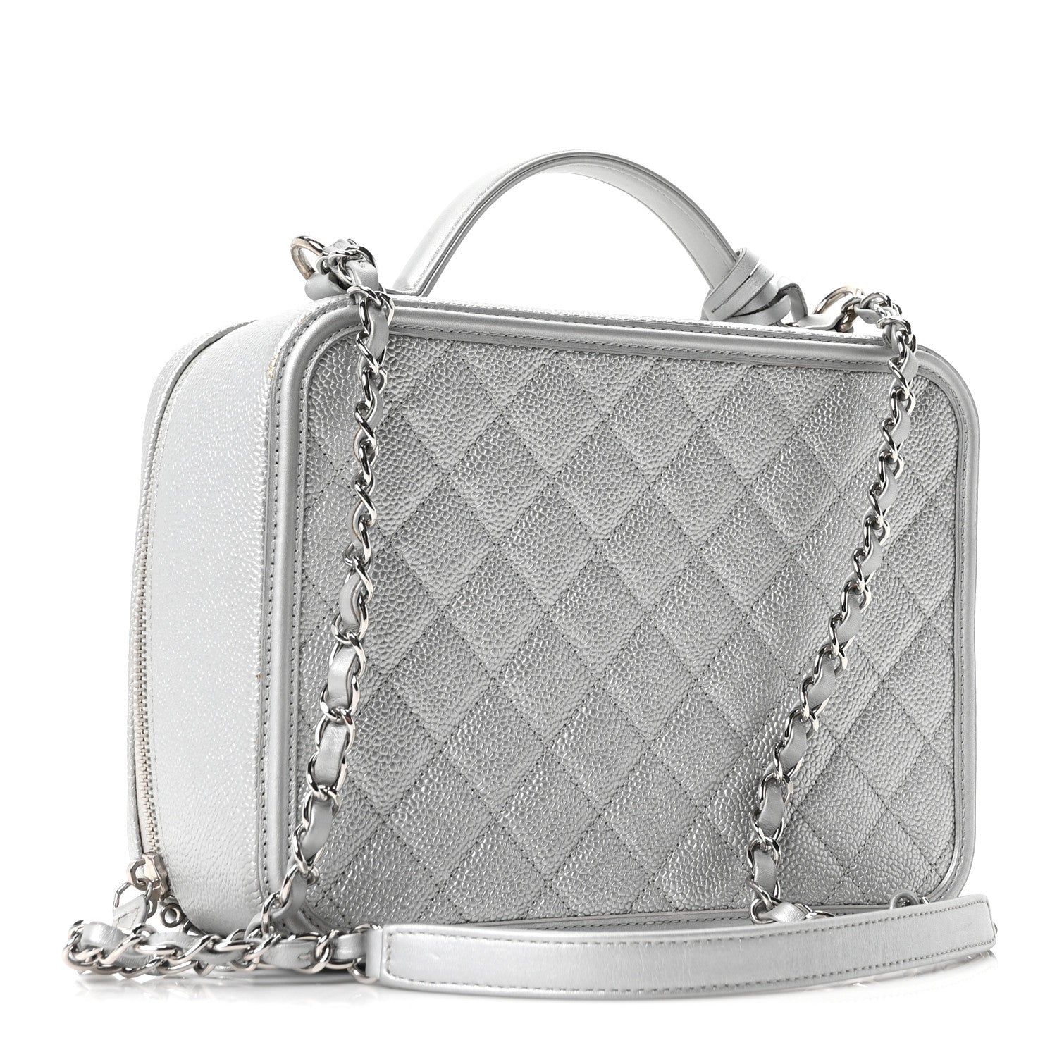 Metallic Caviar Quilted Large CC Filigree Vanity Case Silver