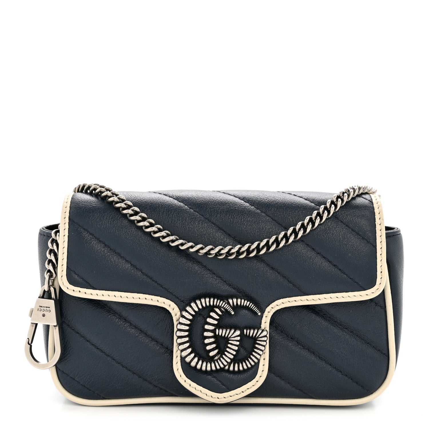Vintage Effect Calfskin Matelasse Diagonal Super Mini Torchon GG Marmont Shoulder Bag Blue Agata Mystic White