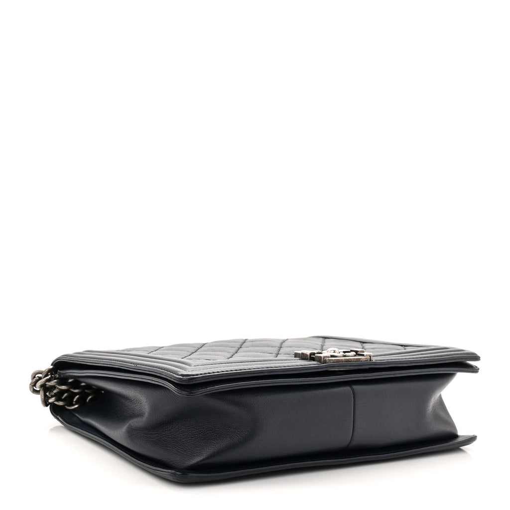Calfskin Double Stitch Large Boy Flap Navy Blue