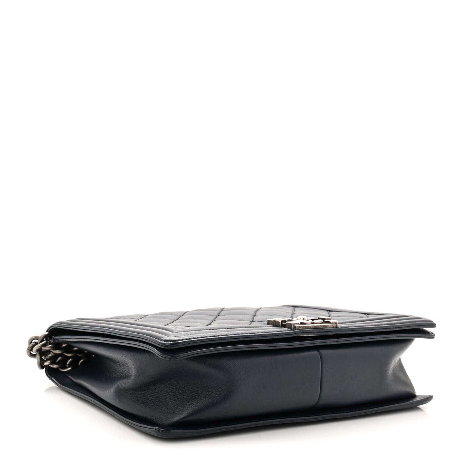Calfskin Double Stitch Large Boy Flap Navy Blue