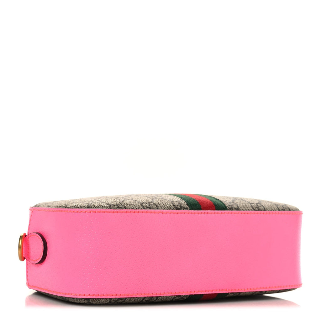 GG Supreme Monogram Textured Dollar Calfskin Web Ophidia Small Crossbody Bag Beige Ebony Fuchsia