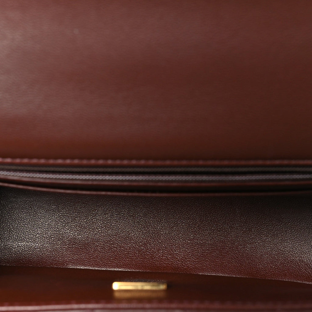 Lambskin Quilted Mini Top Handle Rectangular Flap Dark Brown