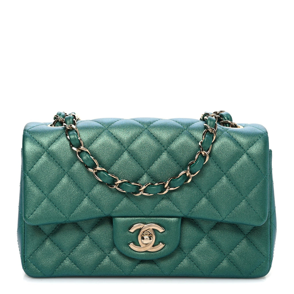 Iridescent Lambskin Quilted Mini Rectangular Flap Green