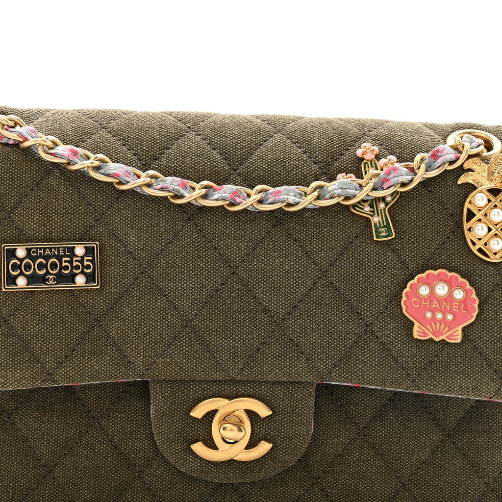 Canvas Quilted Coco Cuba Charms Medium Double Flap Khaki