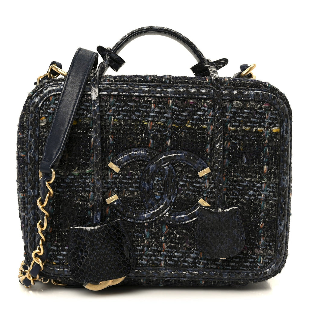 Tweed Snakeskin Quilted Medium CC Filigree Vanity Case Dark Navy