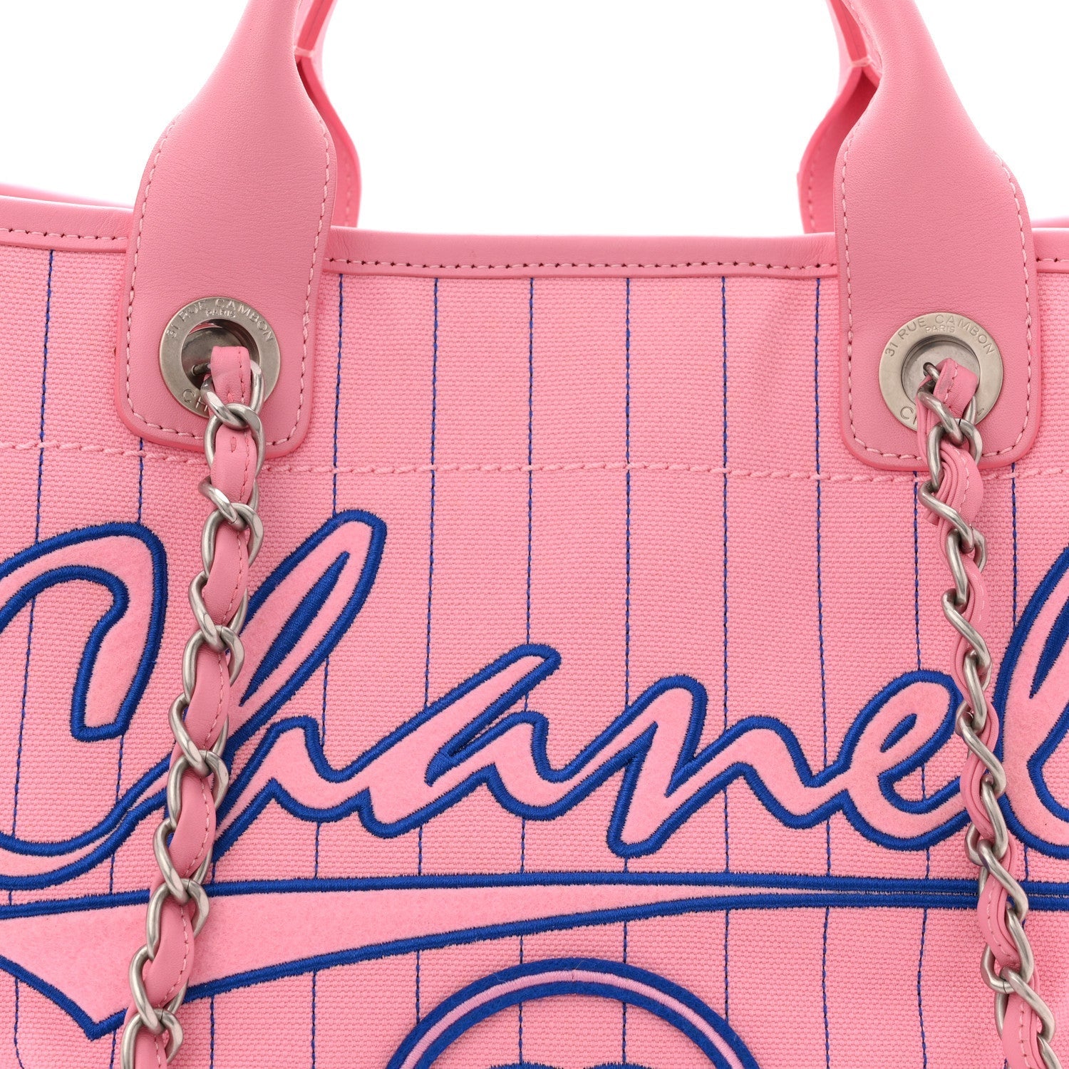 Canvas Calfskin Striped Large Deauville Tote Pink Blue