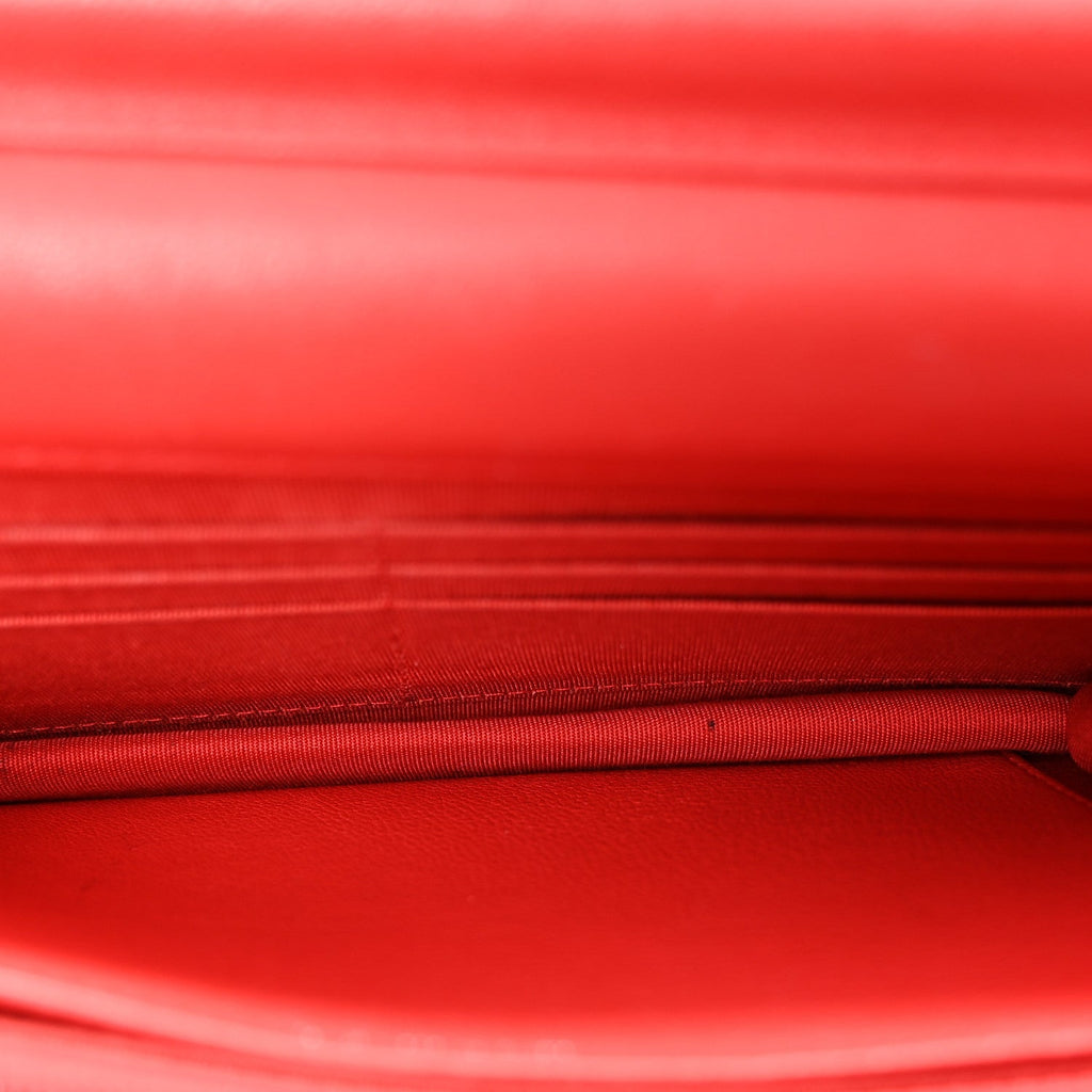 Grained Calfskin Quilted CC Box Wallet On Chain WOC Red