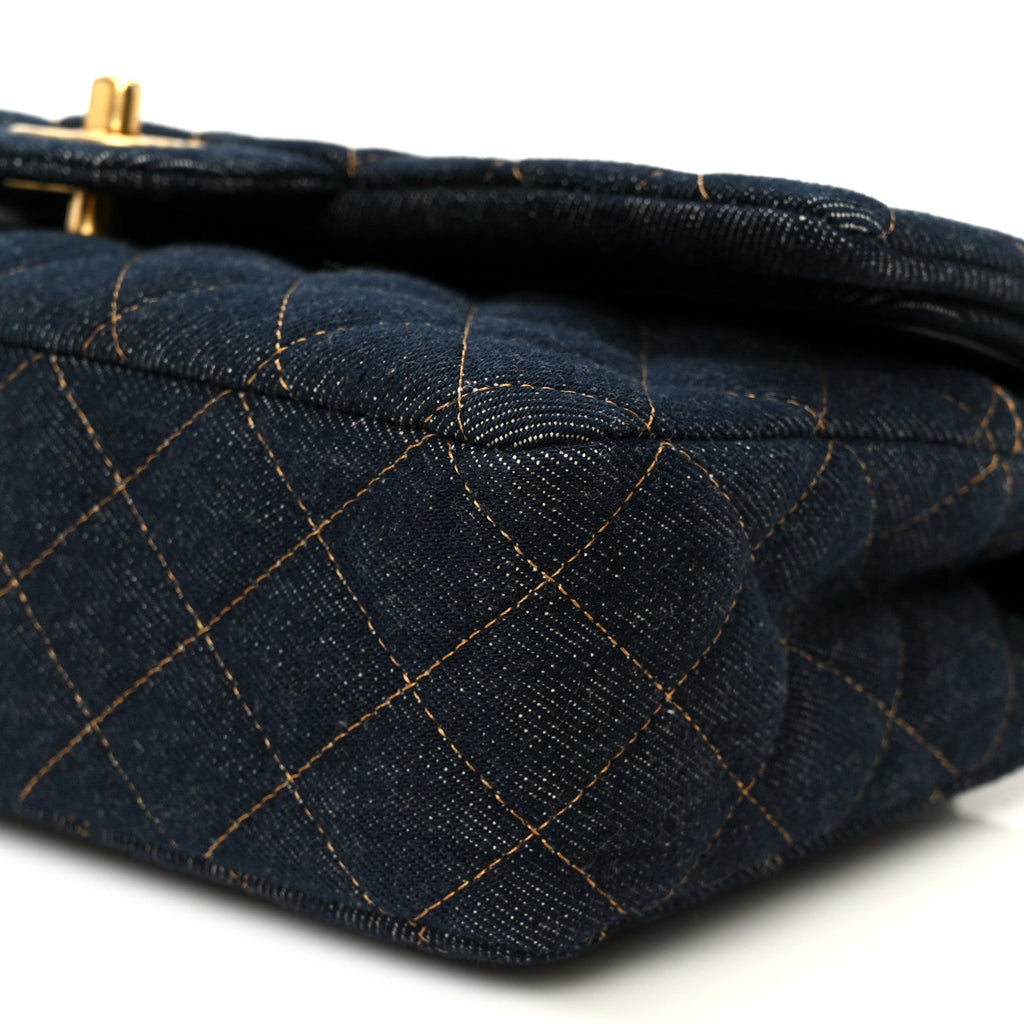 Denim Quilted Medium Double Flap Dark Blue