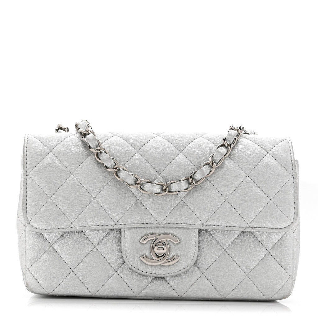 Metallic Lambskin Quilted Mini Rectangular Flap Silver