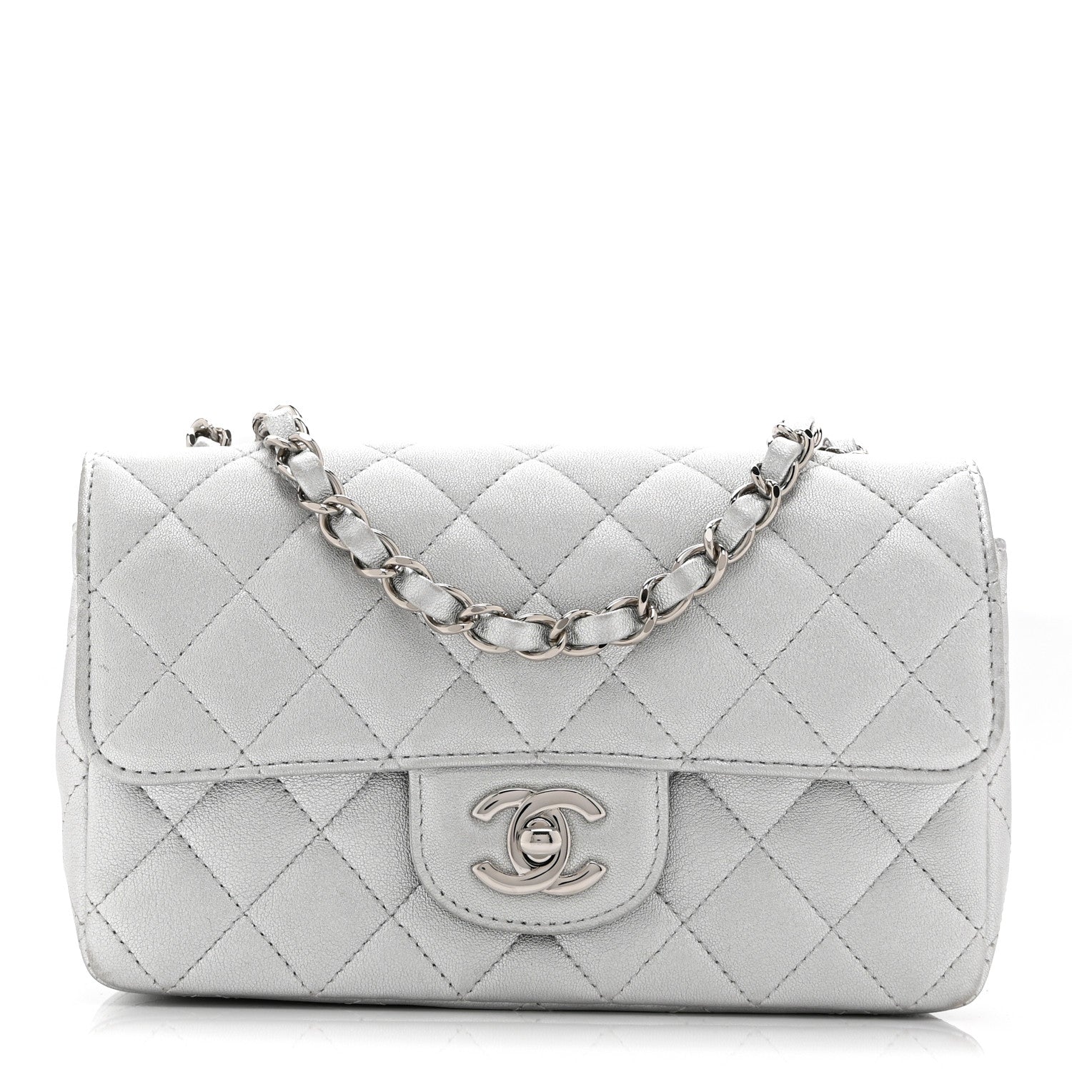 Metallic Lambskin Quilted Mini Rectangular Flap Silver