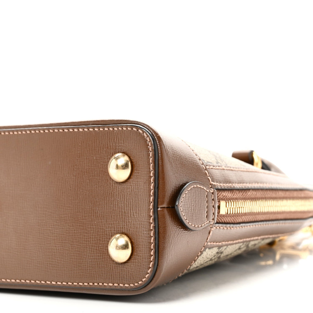 GG Supreme Monogram Azalea Calfskin Small Horsebit 1955 Top Handle Bag Beige Ebony Brown Sugar