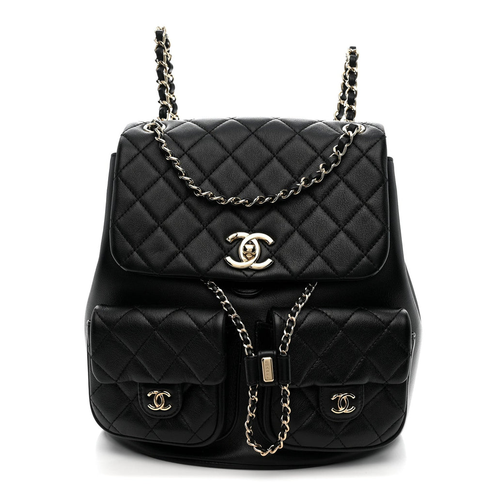 Calfskin Quilted Large Duma Pockets Drawstring Backpack Black