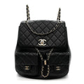 Calfskin Quilted Large Duma Pockets Drawstring Backpack Black
