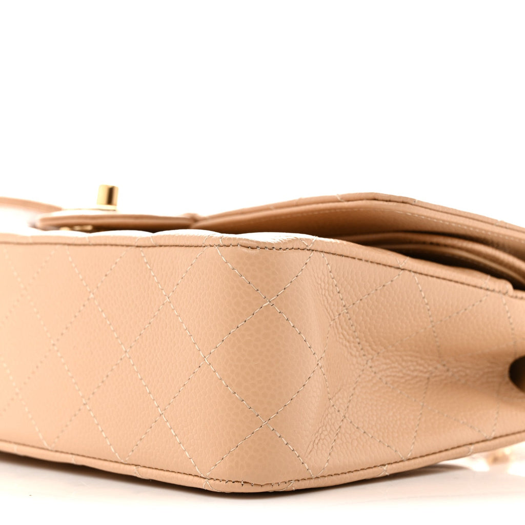 Caviar Quilted Medium Double Flap Beige