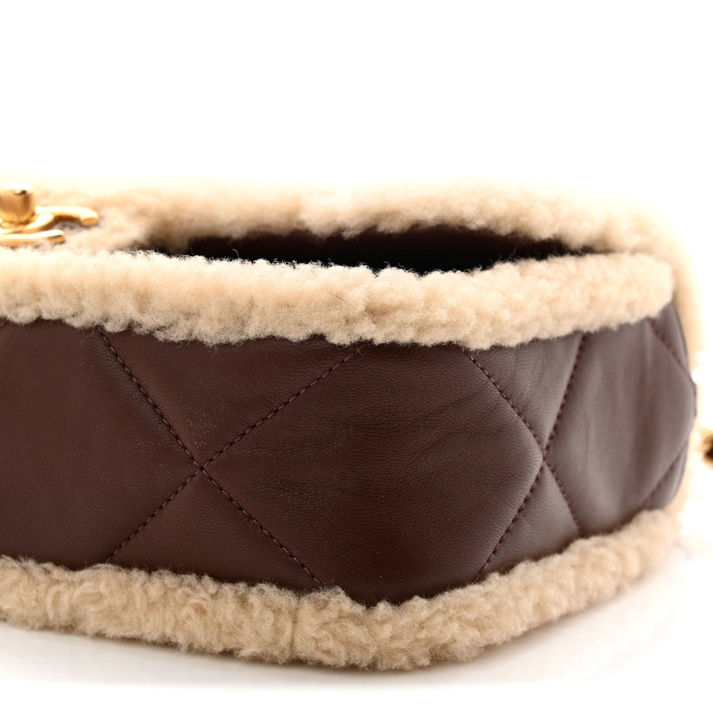 Shearling Lambskin Quilted Furry Coco Flap Dark Brown Beige