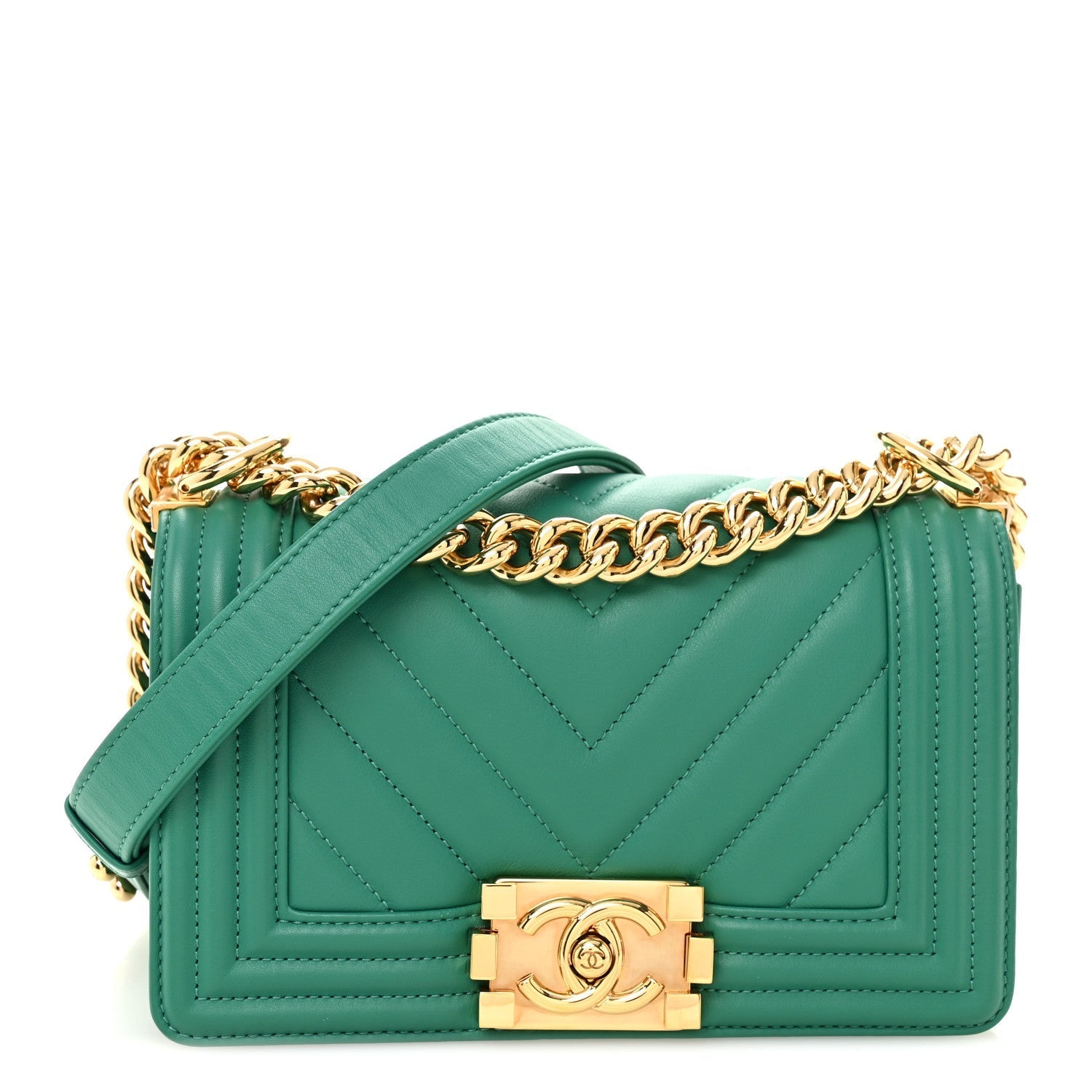 Calfskin Chevron Quilted Small Boy Flap Green