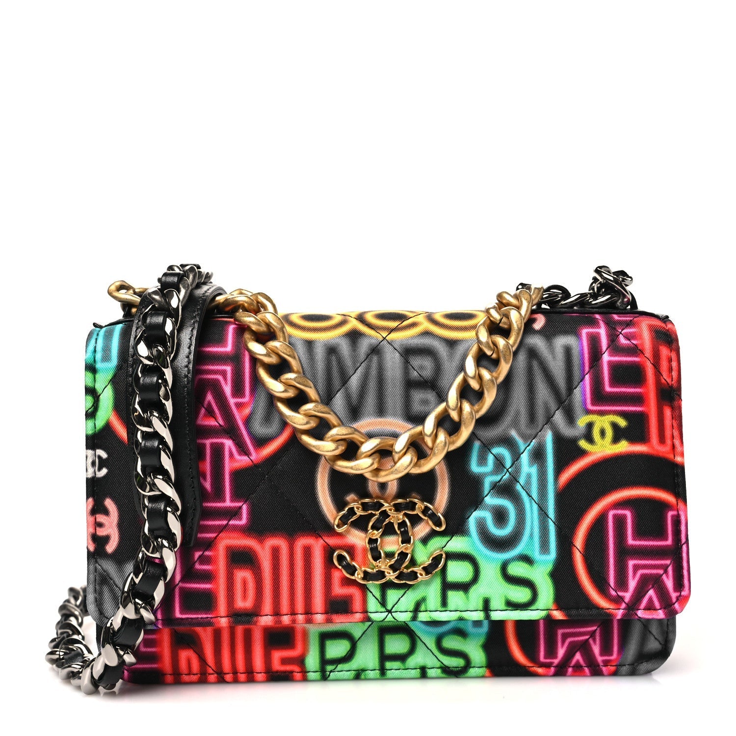 Fabric Printed Chanel 19 Wallet On Chain WOC Black Multicolor