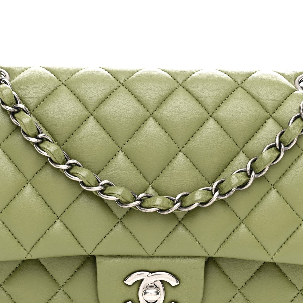 Lambskin Quilted Medium Double Flap Green