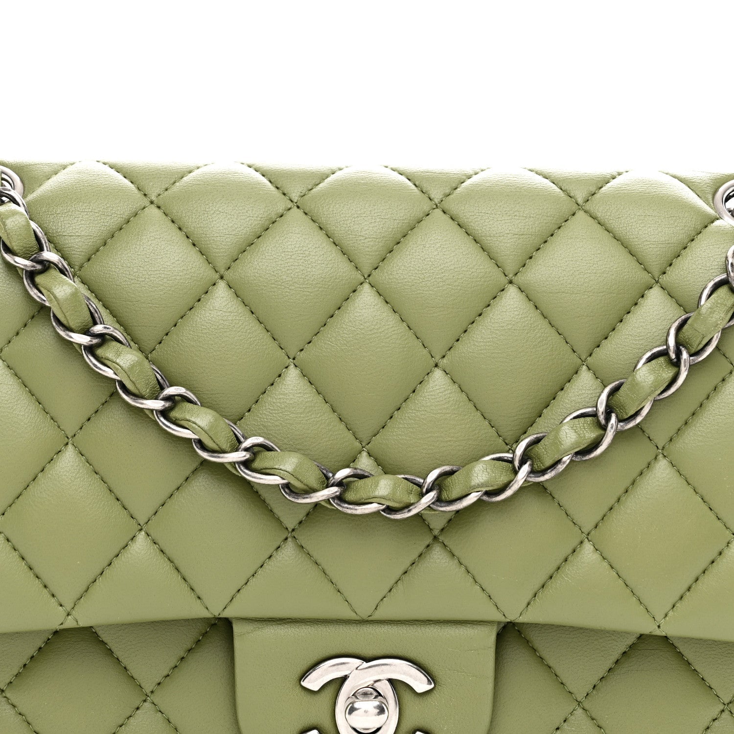 Lambskin Quilted Medium Double Flap Green