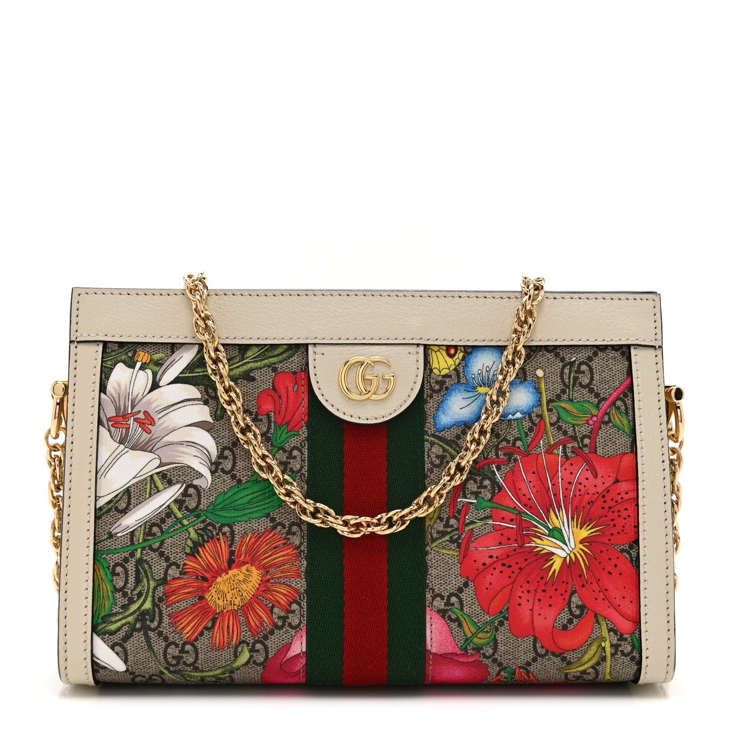 GG Supreme Monogram Flora Web Small Ophidia Chain Shoulder Bag White