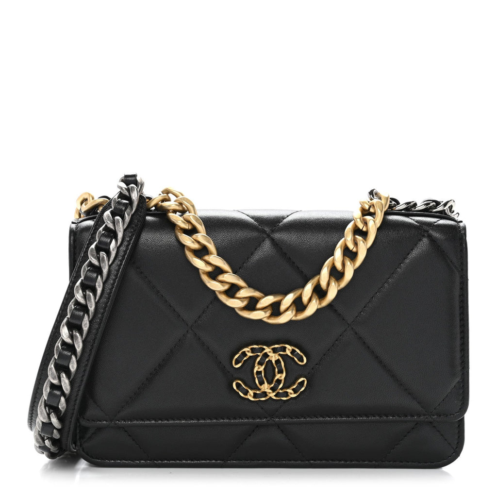 Lambskin Quilted Chanel 19 Wallet On Chain WOC Black