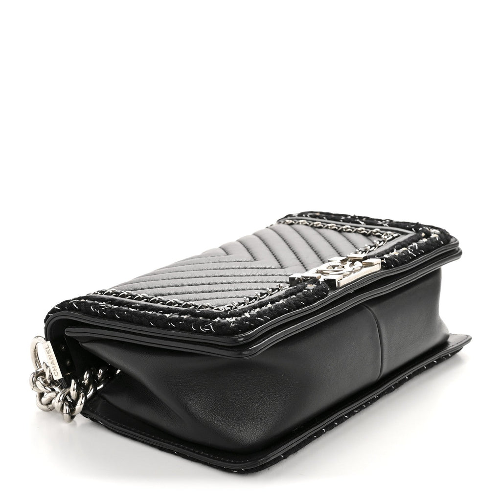 Calfskin Chevron Tweed Medium Boy Flap Black