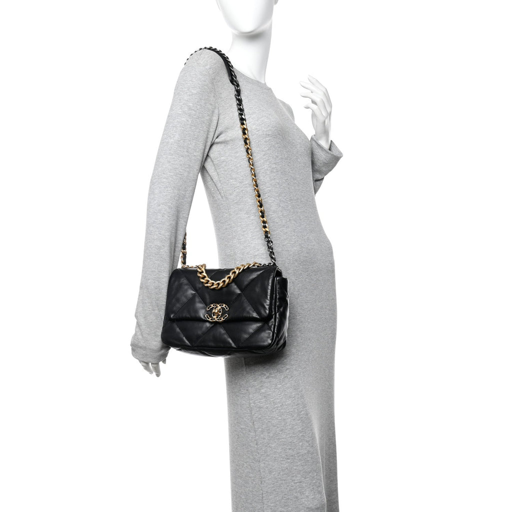 Shiny Goatskin Quilted Medium Chanel 19 Flap Black