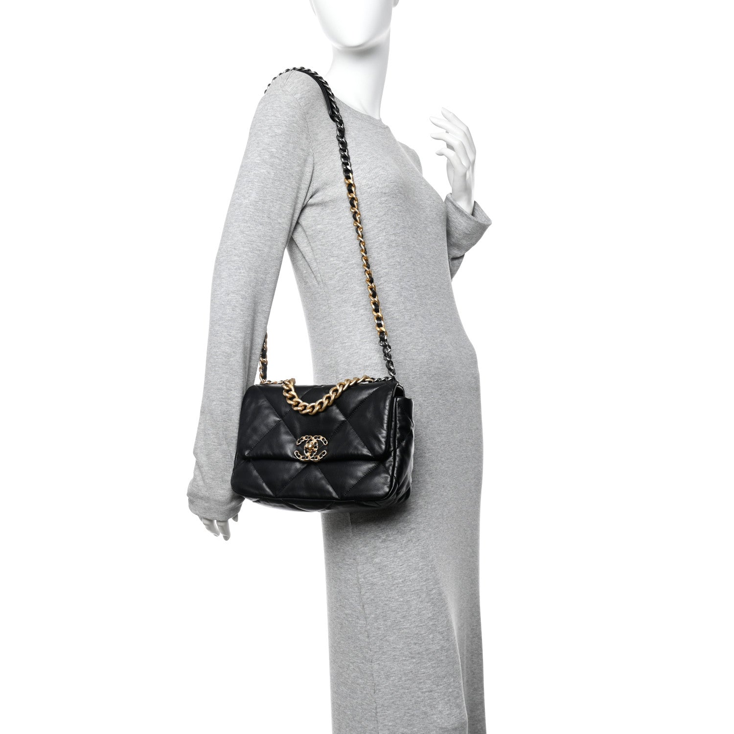 Shiny Goatskin Quilted Medium Chanel 19 Flap Black