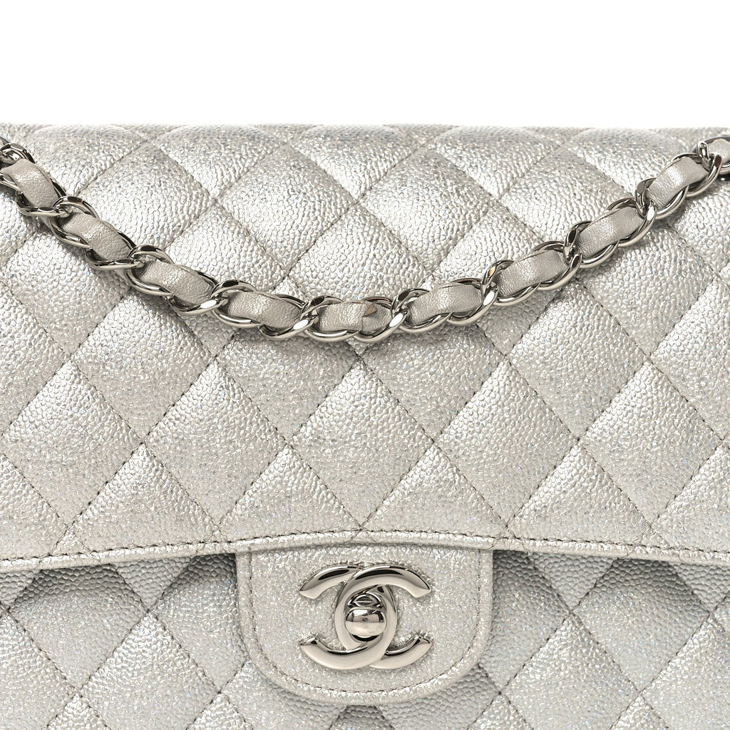 Glittered Metallic Caviar Quilted Medium Double Flap Silver