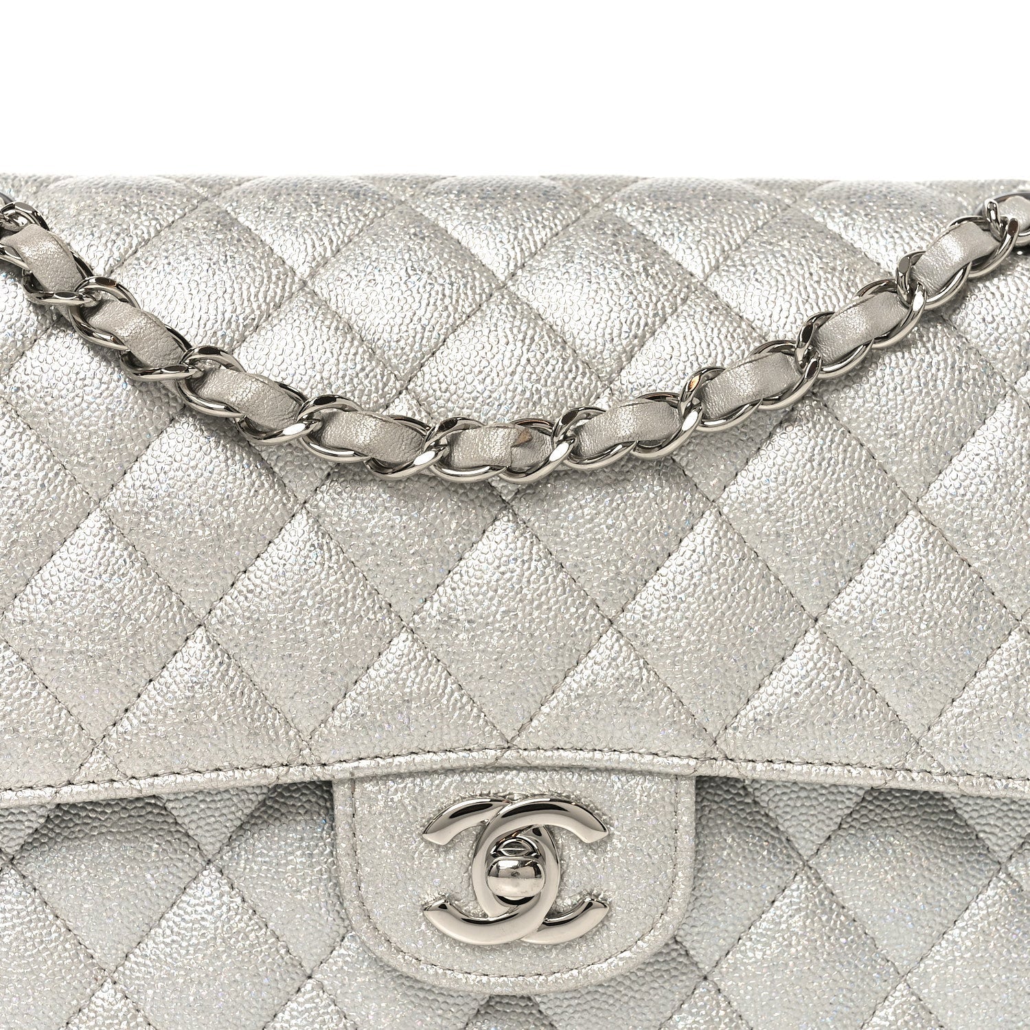 Glittered Metallic Caviar Quilted Medium Double Flap Silver