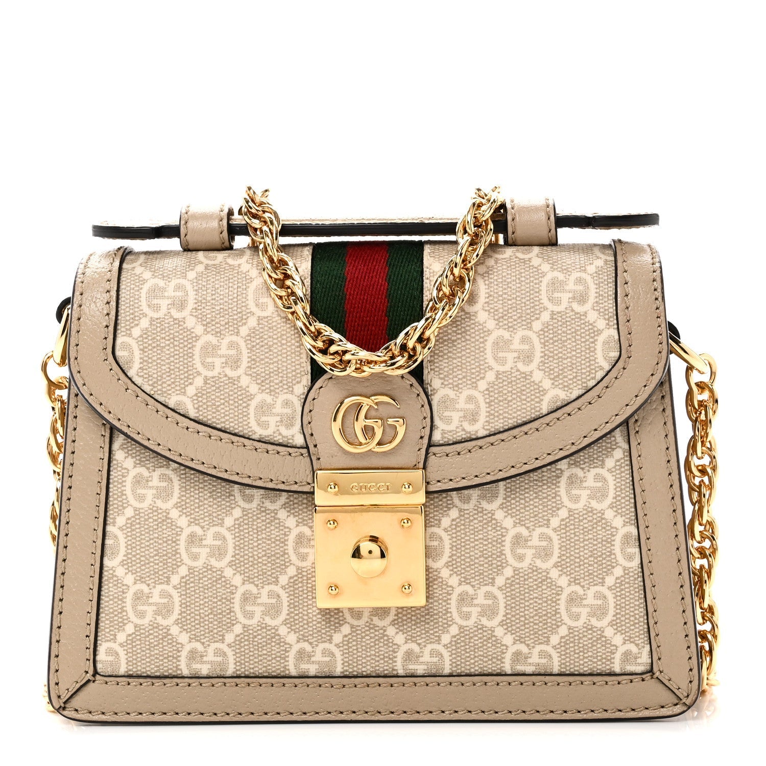 GG Supreme Monogram Textured Dollar Calfskin Web Mini Ophidia Padlock Top Handle Chain Shoulder Bag Beige Mystic White Oatmeal