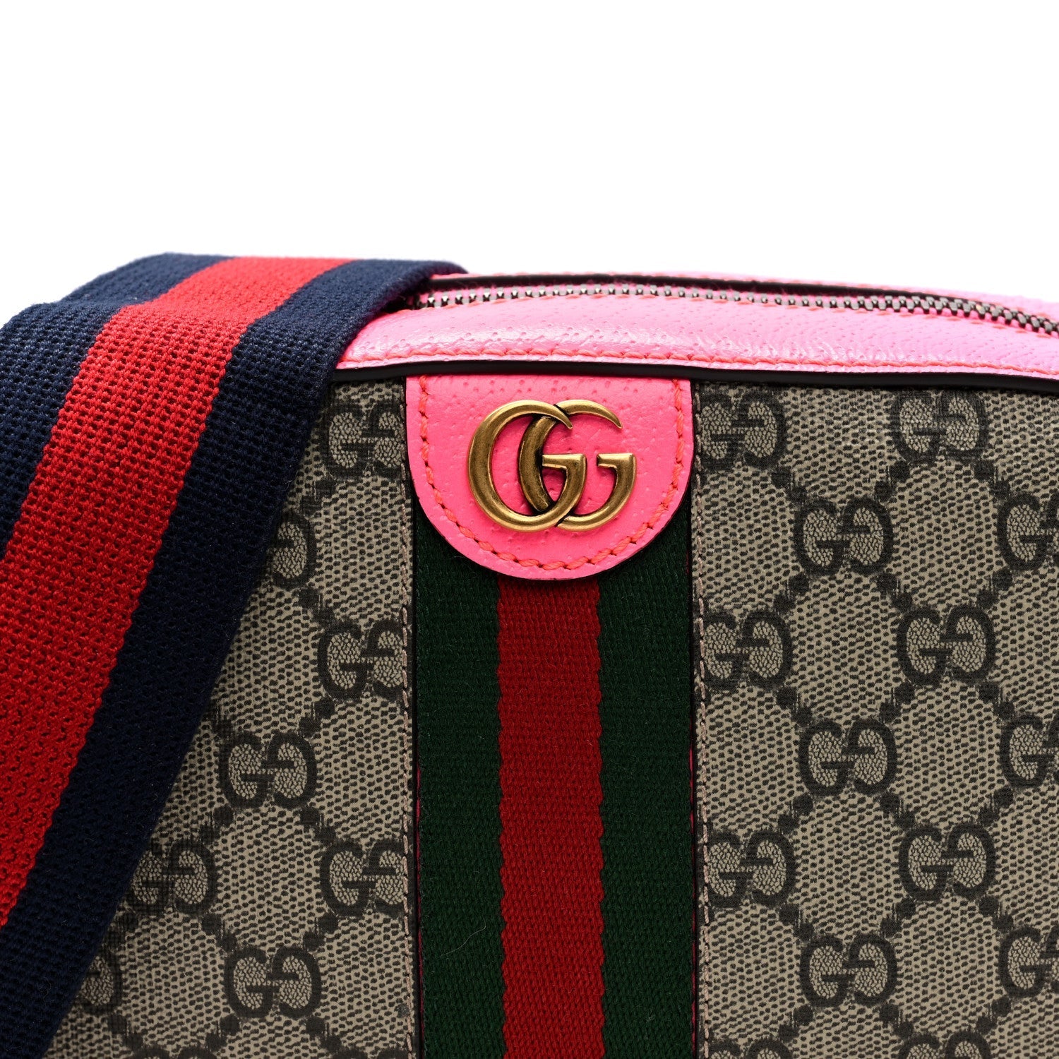 GG Supreme Monogram Textured Dollar Calfskin Web Ophidia Small Crossbody Bag Beige Ebony Fuchsia