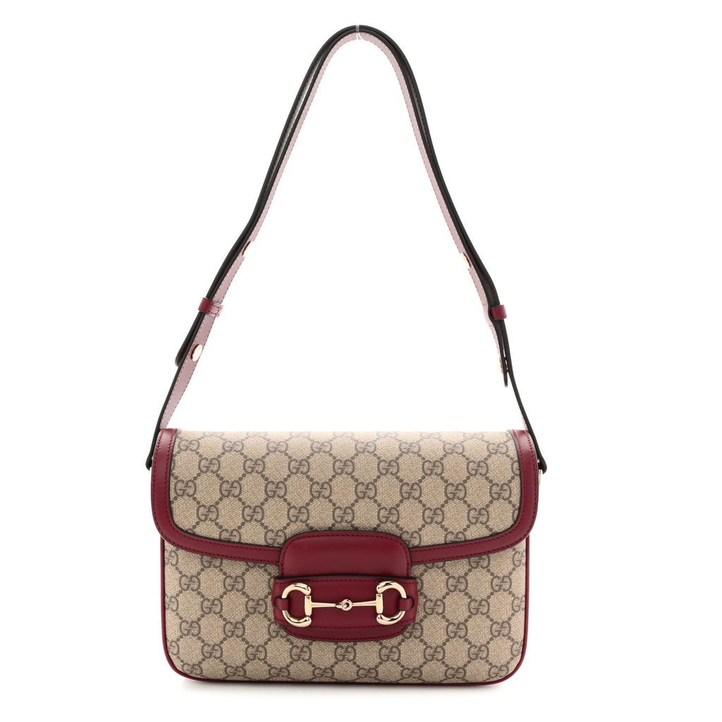 GG Supreme Monogram Horsebit 1955 Soft Small Shoulder Bag Beige Ebony Rosso Ancora