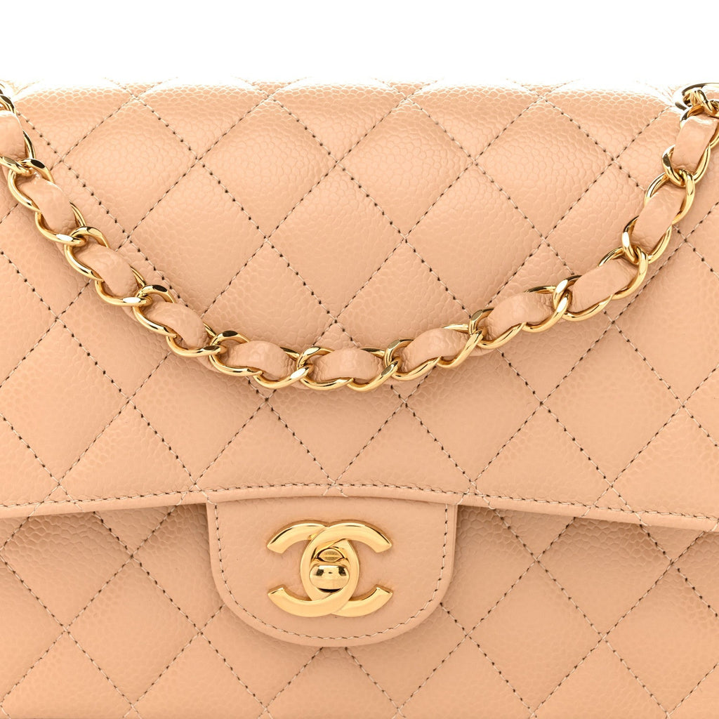 Caviar Quilted Medium Double Flap Beige