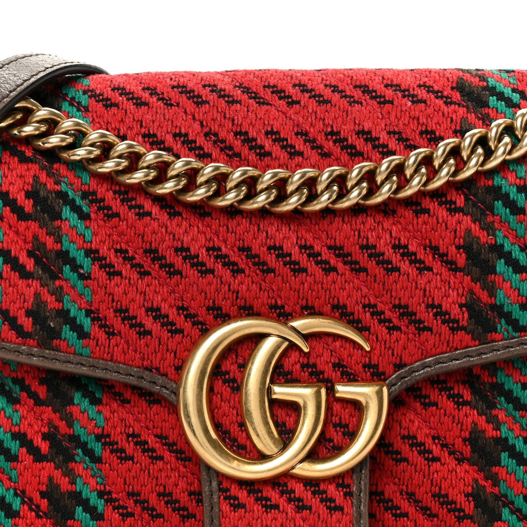 Wool Tweed Textured Dollar Calfskin Matelasse Diagonal Plaid Small GG Marmont Shoulder Bag Red Green Multicolor New Acero