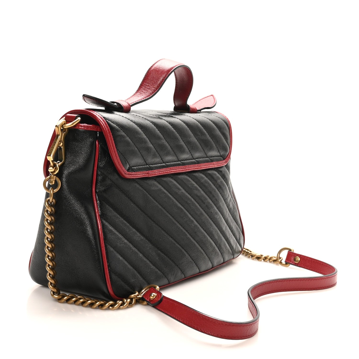 Vintage Effect Calfskin Matelasse Diagonal Small Torchon GG Marmont Top Handle Shoulder Bag Black Romantic Cherry