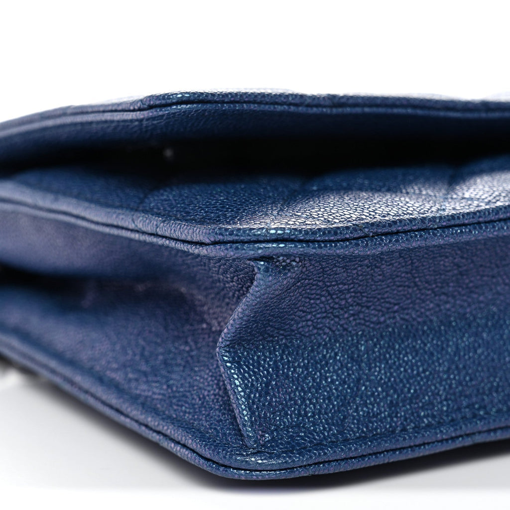 Iridescent Caviar Quilted Wallet on Chain WOC Dark Blue