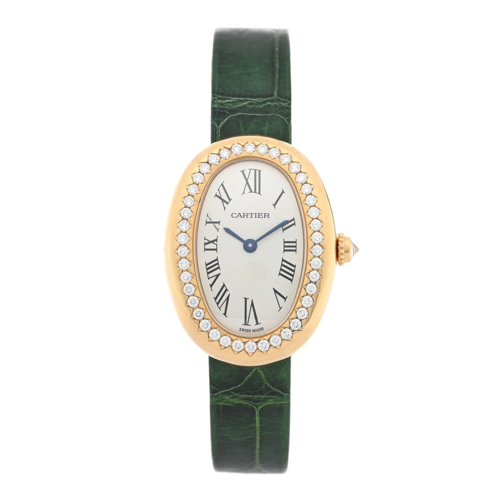 18K Yellow Gold Alligator Diamond Bezel 24mm Baignoire Quartz Watch