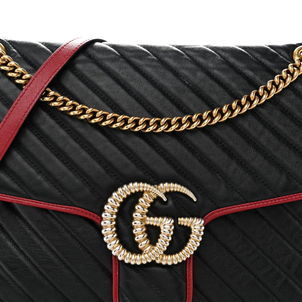 Vintage Effect Calfskin Matelasse Diagonal Large Torchon GG Marmont Shoulder Bag Black Romantic Cherry