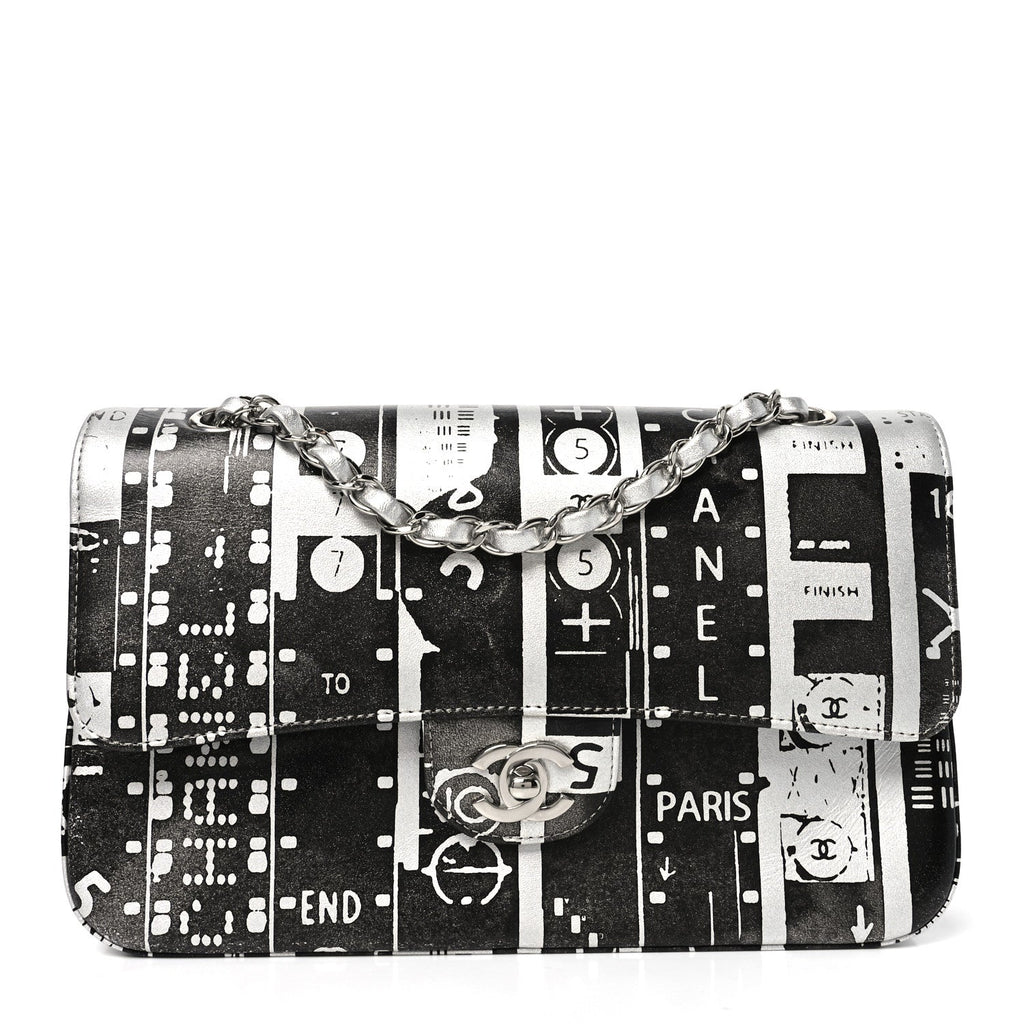 Lambskin Graffiti Printed Medium Double Flap Black Silver