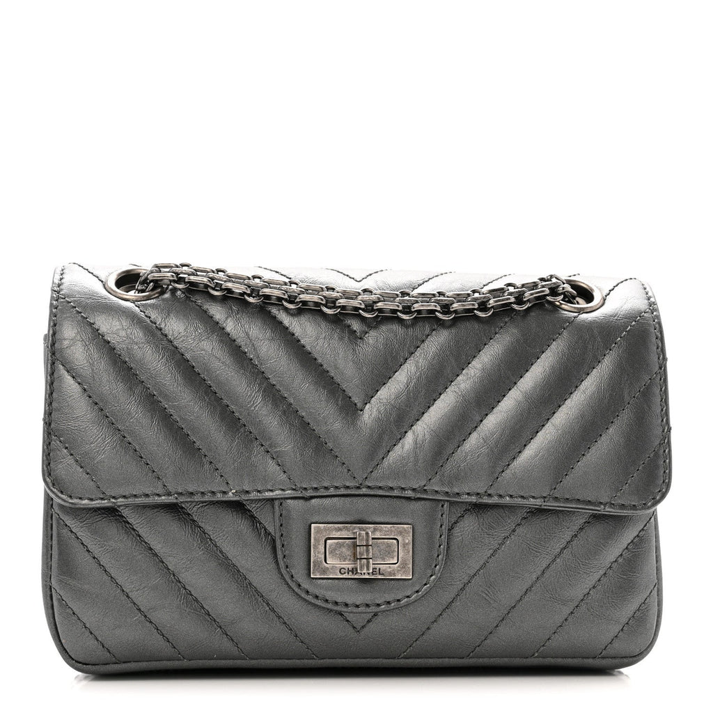 Metallic Aged Calfskin Chevron Quilted 2.55 Reissue Mini Flap Grey