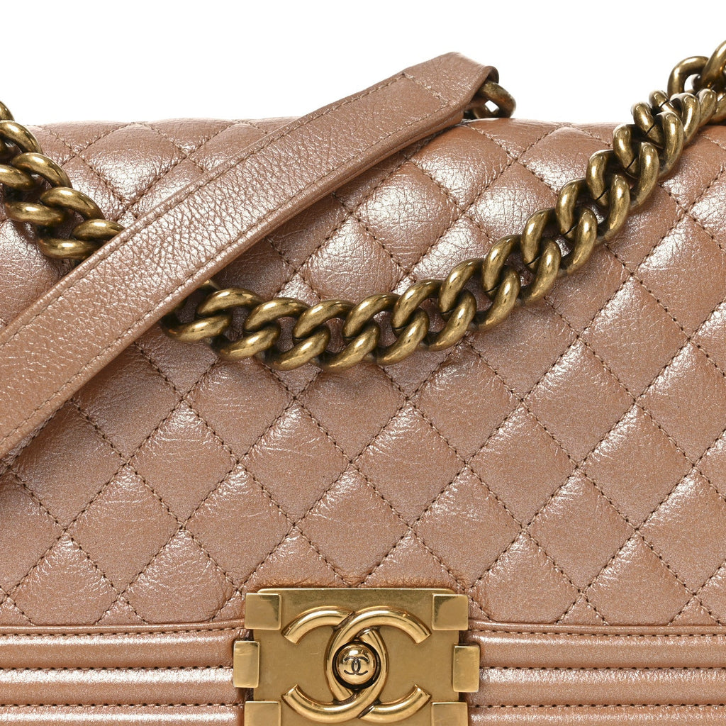 Metallic Calfskin Quilted Medium Boy Flap Dark Beige