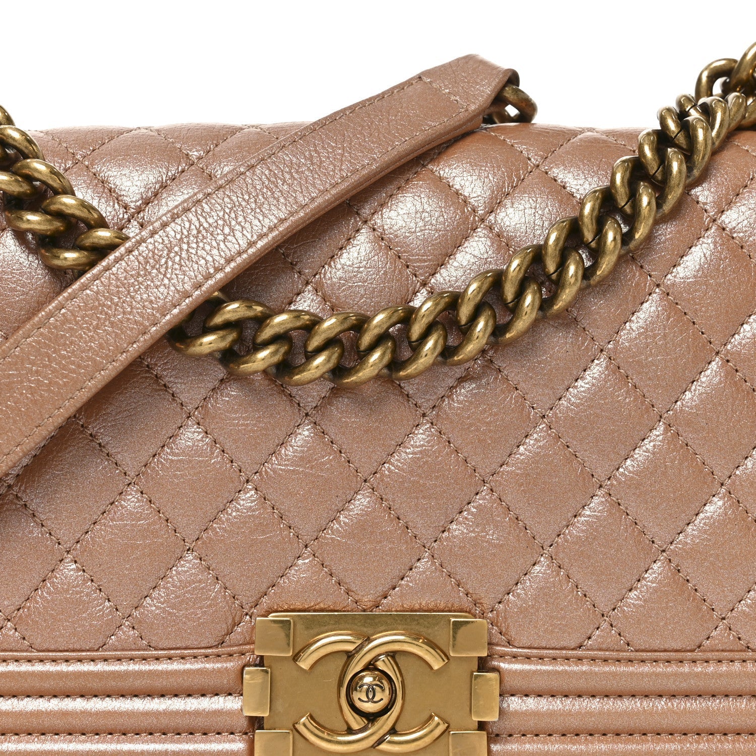 Metallic Calfskin Quilted Medium Boy Flap Dark Beige