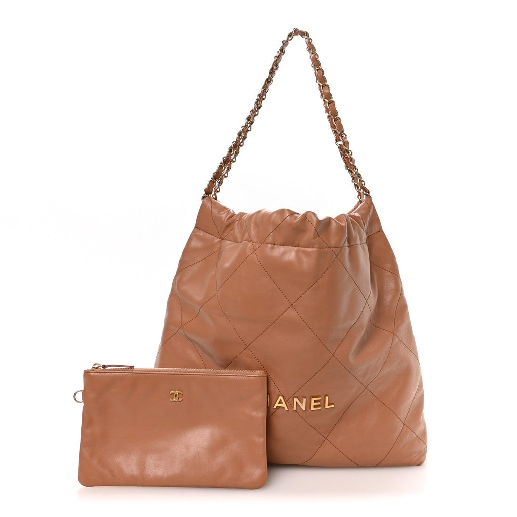 Shiny Calfskin Quilted Chanel 22 Camel