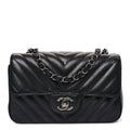 Metallic Caviar Chevron Quilted Mini Rectangular Flap Black