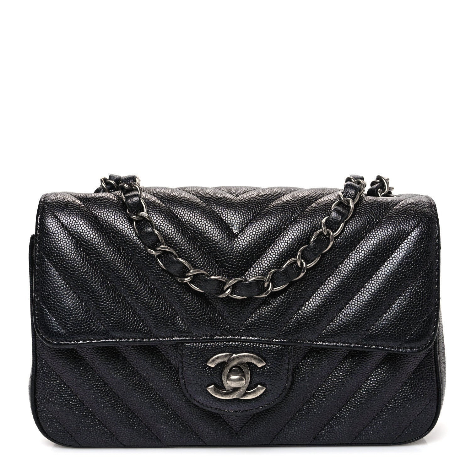 Metallic Caviar Chevron Quilted Mini Rectangular Flap Black